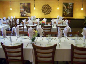 Our dining room with tablecloths and napkins
