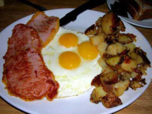 Homemade breakfast with peameal bacon and eggs and homefries